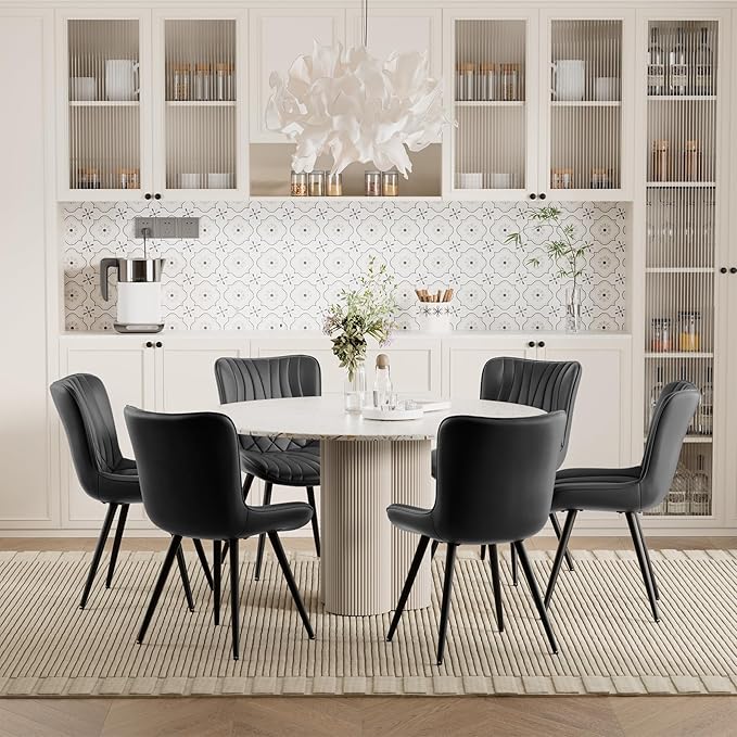 Dining Chair Set of 6 PU Leather Dining Room Chairs Upholstered Comfy Dining Chairs Modern Kitchen Armless Side Chair with Sturdy Metal Legs,Black