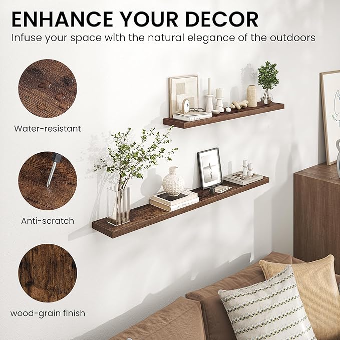 Heimlove Floating Shelves for Wall,16 inchs Shelf for Small Bathroom,Mounted Storage & Display Shelves for Bedroom,Living Room,Kitchen,Office,Set of 2,Rustic Brown