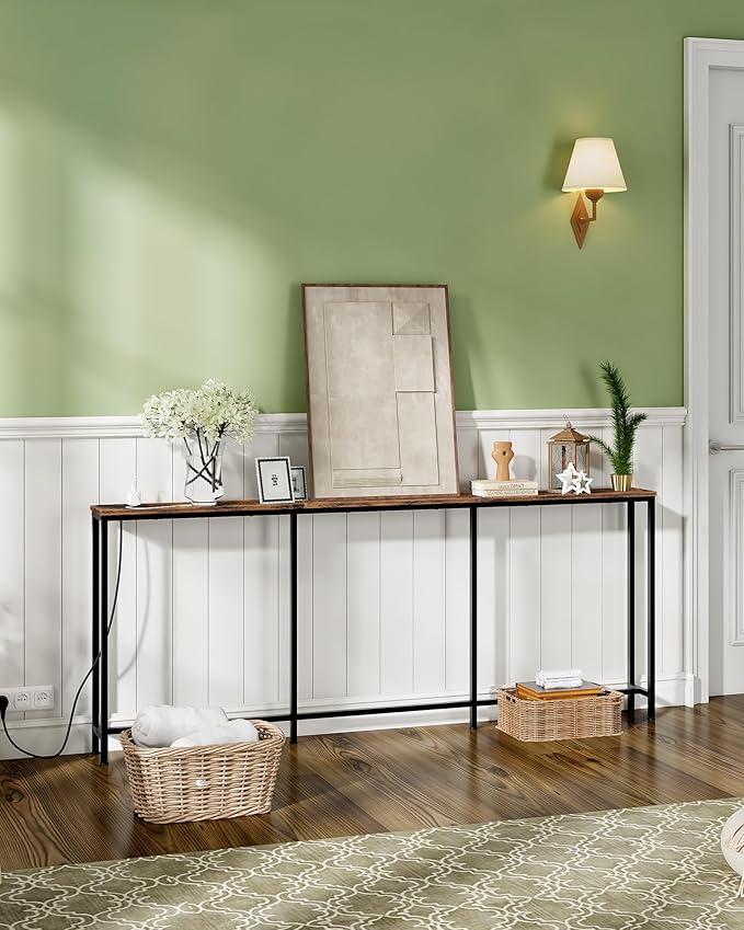 70.9" Narrow Console Table with Power Outlet 7.1" Skinny Sofa Table, Long Behind Couch with Charging Station for Hallway, Living Room Rustic Brown and Black TXG18UBF