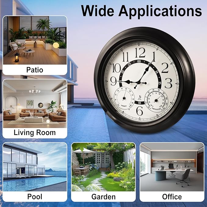 18 Inch Illuminated Retro Indoor Outdoor Wall Clocks with Thermometer and Hygrometer Waterproof Metal Large Clocks with Auto Light Smart Sensor for House Warming Gifts New Home Living Room Decor
