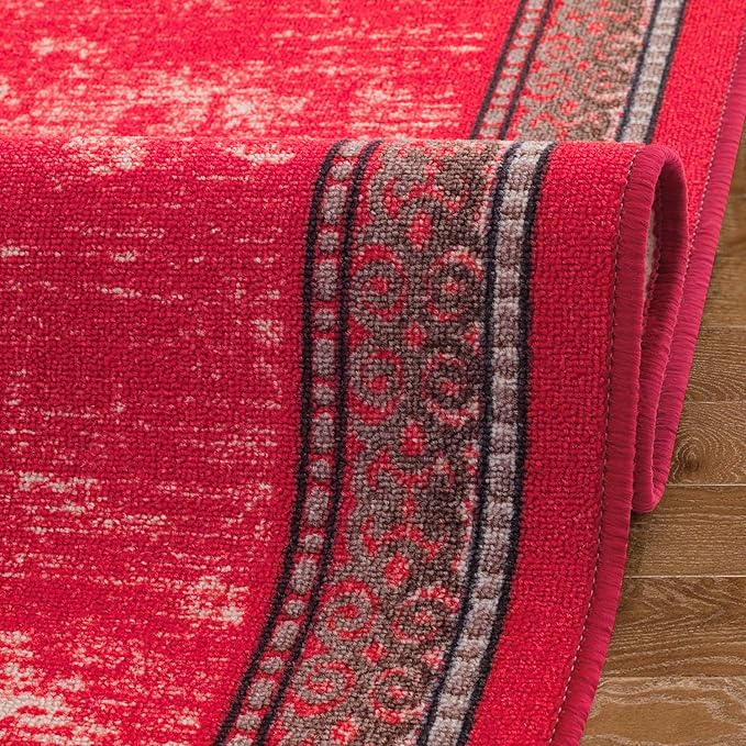 Antep Rugs Alfombras Bordered Modern 2x10 Non-Slip (Non-Skid) Low Pile Rubber Backing Indoor Area Runner Rug (Red, 2' x 10')