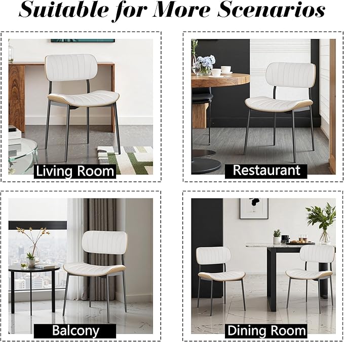 Modern PU Leather Dining Room Chairs Set of 6, Upholstered Kitchen Chairs with Curved Wood Backrest and Metal Legs Adjustable Feet for Kitchen Dining Room(White)
