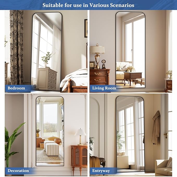 Full Length Mirror 71"x26" Arched Floor Standing Large Mirrors Full Body Mirror with Stand - with Aluminum Frame for Bedroom Living Room, Black