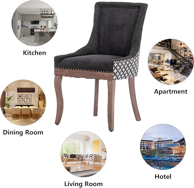 Farmhouse Dining Chairs Set of 2, Upholstered Fabric Dining Room Accent Chairs with Wood Legs & Bronze Nailhead, High Wingback Kitchen Chairs for Living Room Hotel Apartment, Black