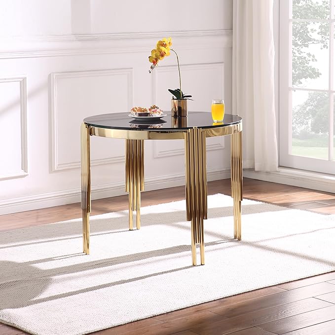 Round Glass Dining Table, Circle Glass Kitchen Table w/Tempered Glass Tabletop and Stainless Steel Gold Legs, Modern Glass Dining Room Table for Home, Kitchen, Dining Room