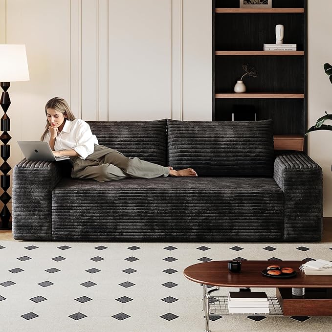 Cloud Loveseat Sofa, Modern Corduroy 2-Seater Couch with Deep Seat, No Assembly Required Memory Foam Sofa, Boneless Sofa in a Box for Bedroom, Apartment, Office,Small Space (Black,70.8in)