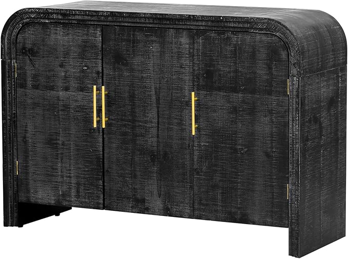 GDFStudio 47.2" Retro Curved Sideboard Storage Cabinet with Adjustable Shelves & Gold Handles, MDF Buffet Table Coffee Bars Cupboard for Living Room Dining Room Kitchen Entryway, Antique Black-2