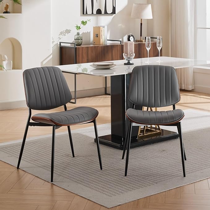 Dining Chairs Set of 2, Mid-Century Modern Upholstered PU Leather Chairs with Walnut Bentwood Back and Metal Legs Adjustable Feet for Kitchen Dining Living Room, Gray Vertical Stripes