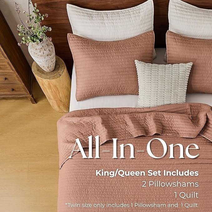 DOWN HOME King Quilt Bedding Set with Shams, Vintage Washed Soft Quilted Blanket Thin Comforter Lightweight Bedspread Coverlet Bed Cover, Brushed Microfiber Stripe Stitching, Desert Blush, 104"x90"