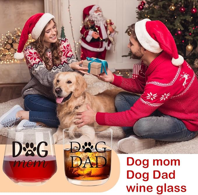 Ithmahco Dog Parent Christmas Gifts, Dog Mom Wine Glass And Dog Dad Whiskey Glass Set For Dog Lovers, Couples Gift For Dog Owners, Dog Mom Gifts For Women, Dog Dad Gifts For Men