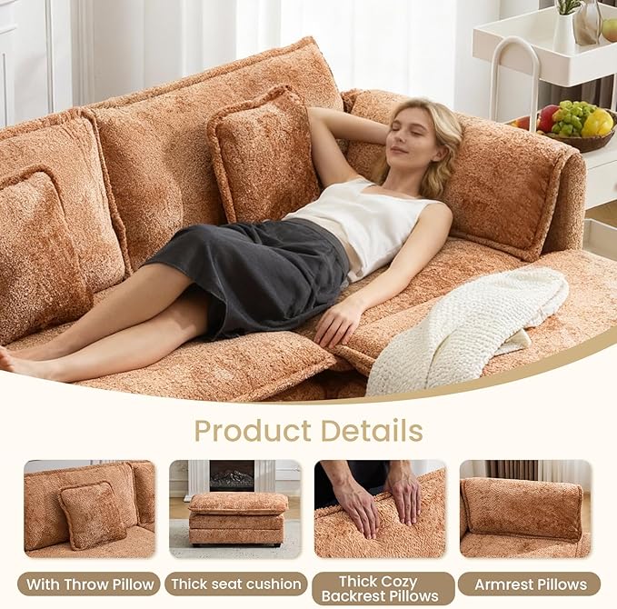 112" U Shaped Modular Sectional Sofa, 3 Seater Comfy Cloud Couch with Movable Ottoman, Deep Seat Couches for Living Room, Bedroom, Apartment (Orange)