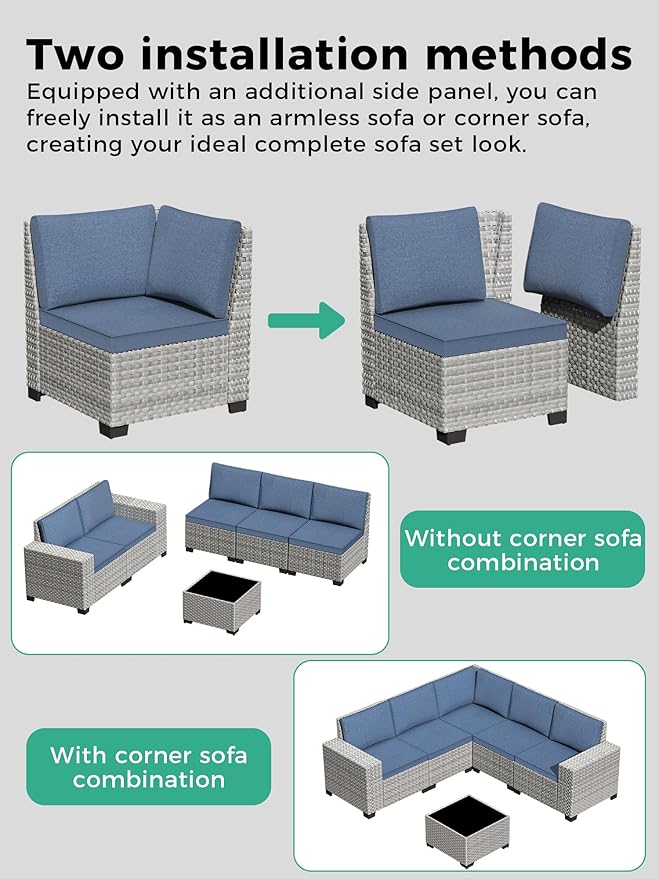7 Piece Outdoor Wicker Rattan Sectional Sofa Set with Fire Pit Table, 5-Seats Conversation Set with 4" Thickened Cushions & Coffee Table, All-Weather PE Rattan for Garden, Backyard, Porch, Bule