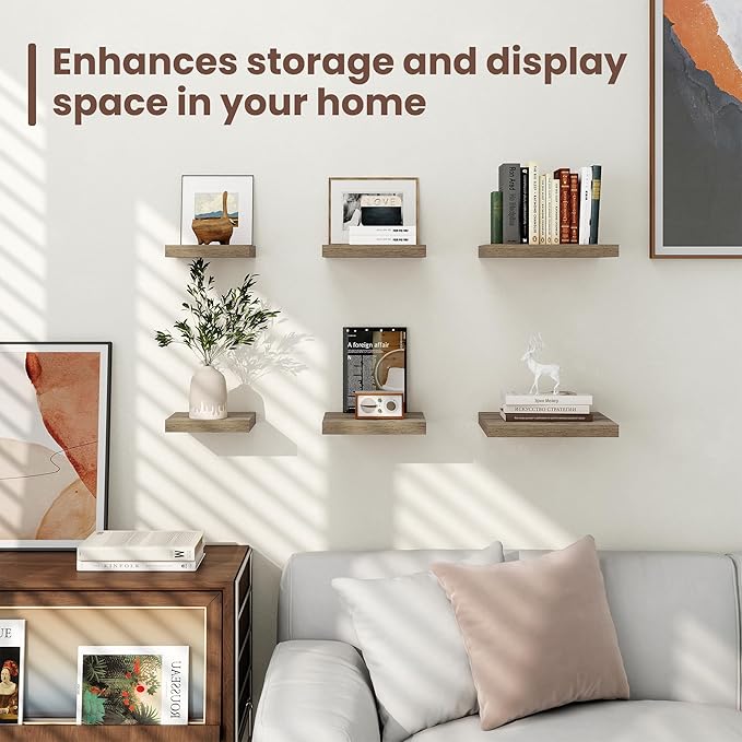 Fun Memories Floating Shelves for Wall - 7.5 Inch Square Shelves with Invisible Brackets, Grey Small Wall Shelf for Living Room, Bathroom, Bedroom, and Kitchen Decor,Set of 4