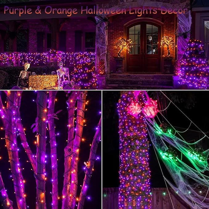 Purple&Orange Halloween Lights, 33FT 100 LED Outdoor String Light with Timer & 8 Modes, 3AA Battery Operated Waterproof String Light for Outdoor and Indoor Halloween Decor