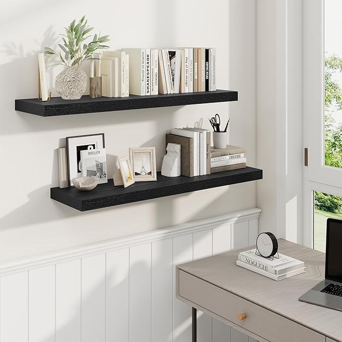 Fun Memories 36 Inch Floating Shelves, 9.3 Inch Deep Rustic Wall Shelves - Extra Deeper Wall Mounted Storage Shelves for Bathroom, Kitchen, Living Room (Black, Set of 2)