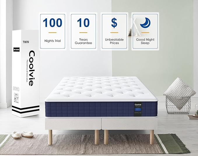 Coolvie 10 Inch Twin Mattress, Hybrid Mattress with Gel Memory Foam for Cool Night Sleep & Pressure Relief, Individual Pockets for Contouring Support, CertiPUR-US Certified Medium Mattress in a Box