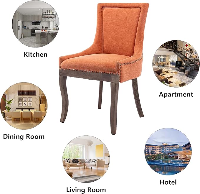 Farmhouse Dining Chairs Set of 2, Upholstered Fabric Dining Room Accent Chairs with Wood Legs & Bronze Nailhead, High Wingback Kitchen Chairs for Living Room Hotel Apartment, Orange
