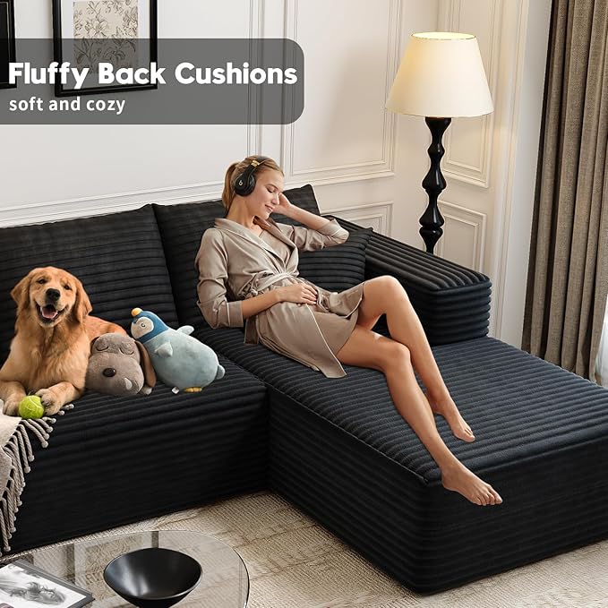 135.4" Cloud Modular Sectional Sofa Couch with L-Shape Chaise,Modern Minimalist Upholstered Couches for Living Room Bedroom,Deep Seat Corner Couch,No Assembly Required (Black,Right Facing Chaise)