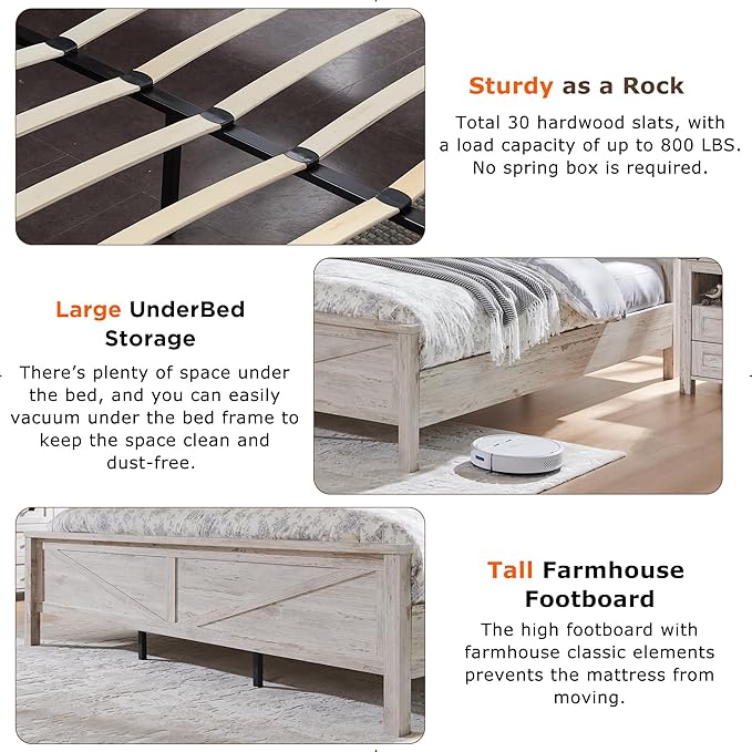 T4TREAM Farmhouse King Size Bed Frame w/Storage Bookcase Headboard, Sliding Barn Door, Charging Station, Rustic Wood Platform Bed w/Wood Slats Support, No Box Spring Needed, Antique Brush White