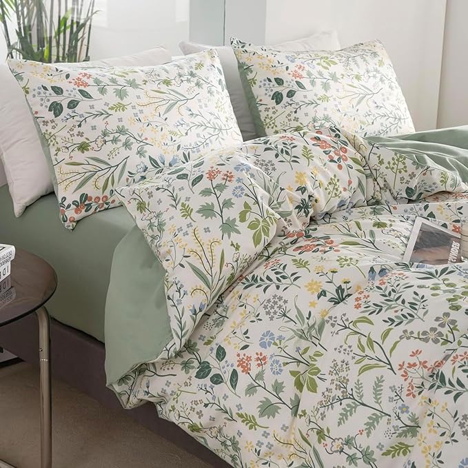 Botanical Floral Duvet Cover Twin Fresh Soft 100% Cotton Comforter Cover Floral Print Cottagecore Bedding Set with 2 Pillowcases Vintage Country Wildflower Comforter Cover with Zipper Closure Twin