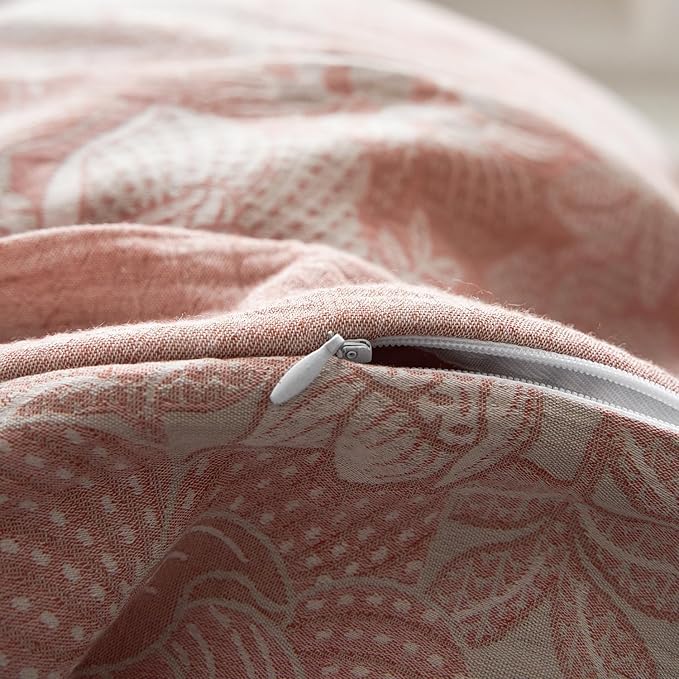 Jacquard Flower Duvet Cover King Retro Blush Pink Floral Duvet Cover Yarn-Dyed Textured Cotton Bedding Jacquard Flower Comforter Cover with Edge Design Vintage Farmhouse Floral Bedding Set King Size