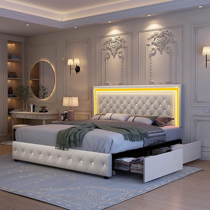 King Led Bed Frame with 4 Storage Drawers, Bed Frame with Led Lights No Box Spring Needed, 900 lbs Capacity, Easy Assembly, Velvet Cream