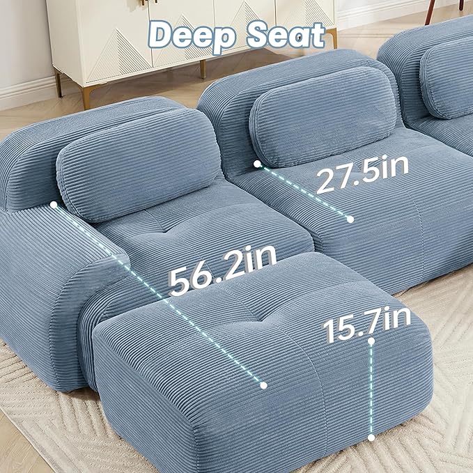 116" Modern Corduroy Cloud Sofa with Ottoman, U Shaped Boneless Modular Large Sectional Couches for Living Room, Blue 3 Seater Compressed Memory Foam Couch, Extra Deep Seat, No Assembly