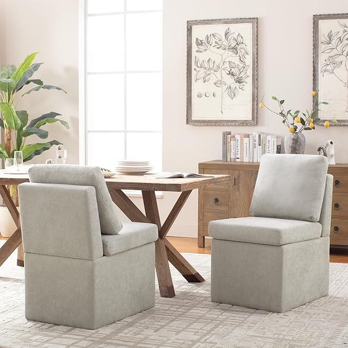 VKNOW Upholstered Dining Chairs, Modern Kitchen Chairs with Storage, Linen Armchair Dining Room Chairs for Kitchen Room (Light Grey, Set of 1)