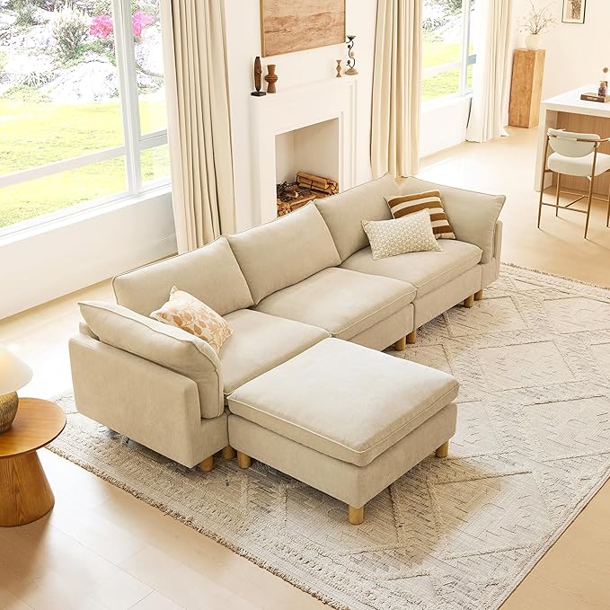 CHITA 92" Super Large Sectional Couches for Living Room, Modular Cloud Couch Sectional Sofa, Premium Fabric Couches, Down Filled, High Density Foam, Chenille in Beige, 2 Seater Loveseat