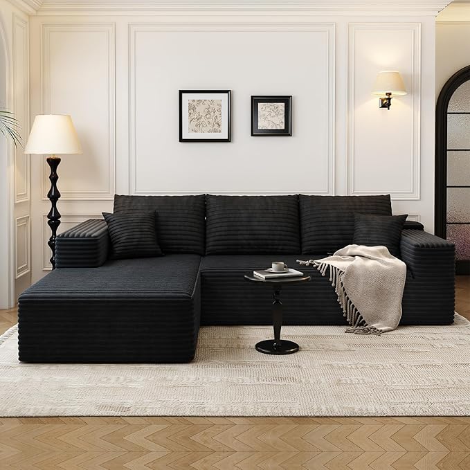 107.5" Cloud Modular Sectional Sofa Couch with L-Shape Chaise,Modern Minimalist Upholstered Couches for Living Room Bedroom,Deep Seat Corner Couch,No Assembly Required (Black,Left Facing Chaise)