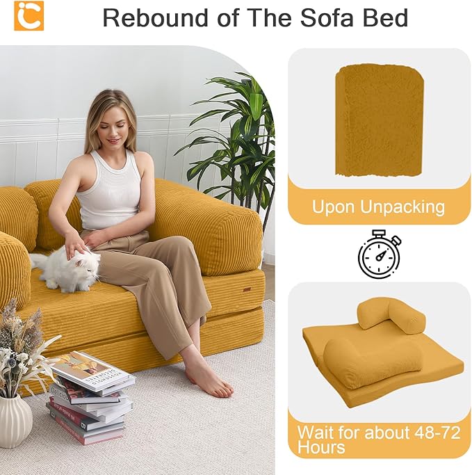 COMAX Futon Sofa Bed, 4-in-1 Floor Foldable Sofa Couch Bed Queen with L-Shaped Armrests, Convertible Folding Chair Bed Sleeper Mattress Fold Out Comfy Lounge for Living Room Bedroom, Yellow