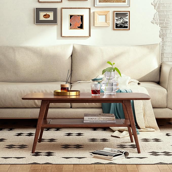 Solid Oak Wood Coffee Table - 2-Tier Modern Center Table, Living Room Tables with Double Storage for Living Rooms, Bedrooms, and Offices (Walnut, 31.49" D x 19.68" W x 17.32" H)