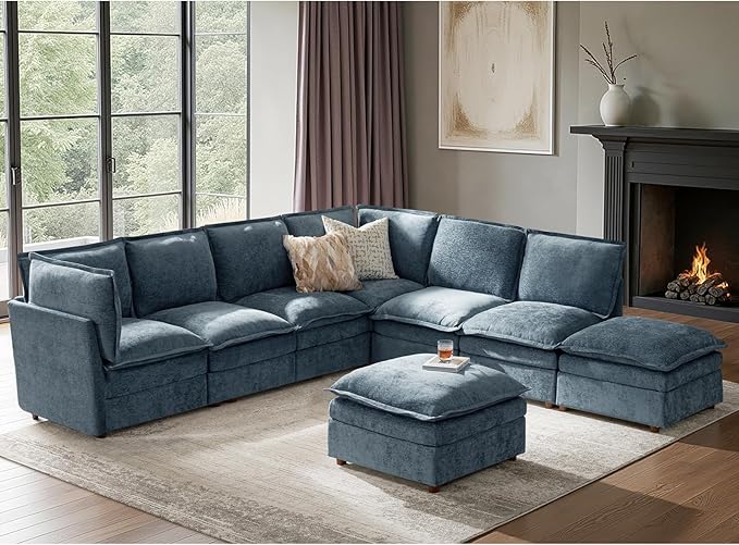 HULALA HOME Oversized Modular Sectional Sofa with Dual-Layered Cushions, 8 Seater Sleeper Sofa with Storage Ottoman and Removable Cover, Modern Deep Seat Cloud Couch for Living Room, Blue