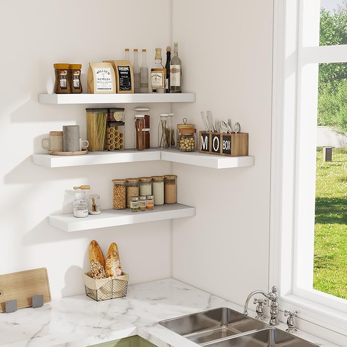 Fun Memories Floating Shelves - 2 Pack 30 Inch Long Rustic Wooden Wall Shelves - 8 Inch Deep Wall Mounted Storage Shelf with Invisible Heavy-Duty Brackets for Books, Bathroom, Kitchen - White