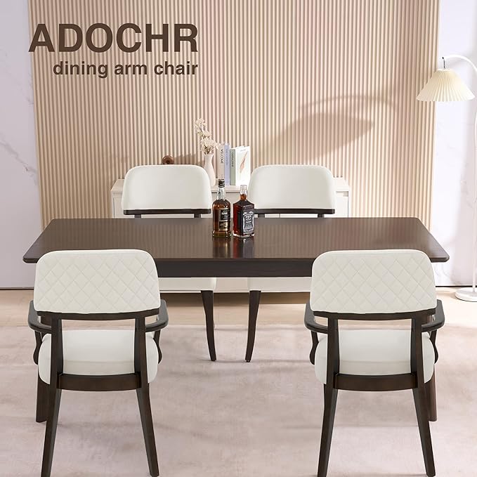 Modern Wood Dining Chairs with Arms Set of 2, Velvet Upholstered Kitchen Chairs with Open Curved Backrest & Black Hardwood Legs, Accent Chairs 350 LBS Capacity, White
