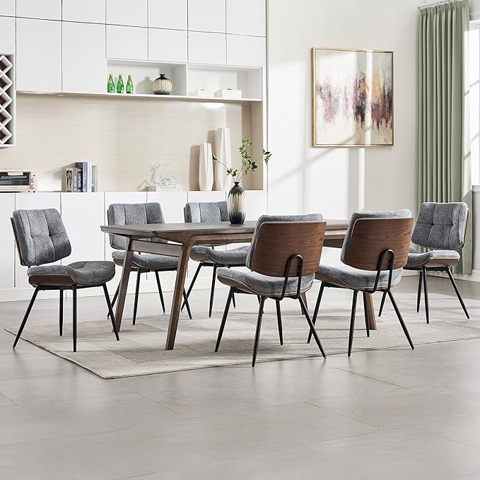 BFZ Dining Chairs Set of 4, Mid Century Modern Kitchen Chairs with Walnut Bentwood Back and Metal Legs, Upholstered Fabric Dining Room Chairs for Kitchen, Living Room