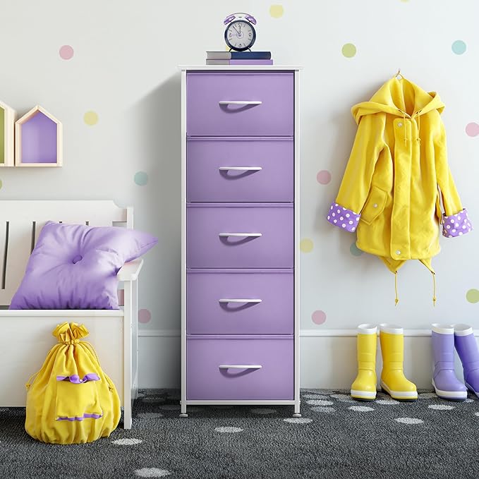 Sorbus Fabric Dresser for Kids Bedroom - Chest of 5 Drawers, Tall Storage Tower, Clothing Organizer, for Closet, for Playroom, for Nursery, Steel Frame, Fabric Bins - Wood Handle (Purple)