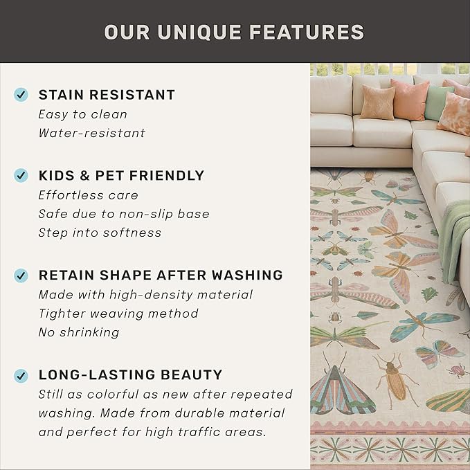 Neutral Girl Nursery Rug 4x6 - Beige & Pink Rugs for Bedroom, Living Room - Washable Low Pile Non-Slip Charming Insect Print Vintage Girly Design, Perfect for Kids Rooms