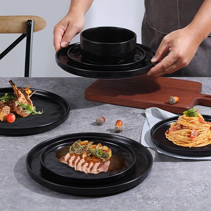 LIANYU Dinnerware Dishes Sets for 4, 12 Piece Stoneware Dinner Plates and Bowls Set, Ceramic Dinning Dishware Includes Salad Plate, Cereal Bowls, Chip Resistant & Dishwasher Safe, Obsidian Matte Black