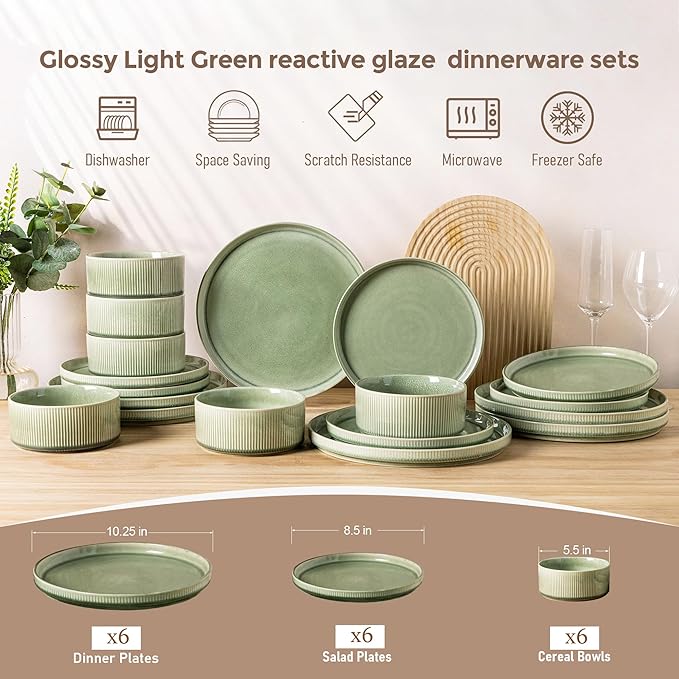 GBHOME Stoneware Dinnerware Sets for 6,Round Reactive Glaze Ceramic Plates and Bowls Set,Highly Scratch Resistant | Dishwasher & Microwave Safe Dishes Set,Service for 6(18Pcs),Light Green