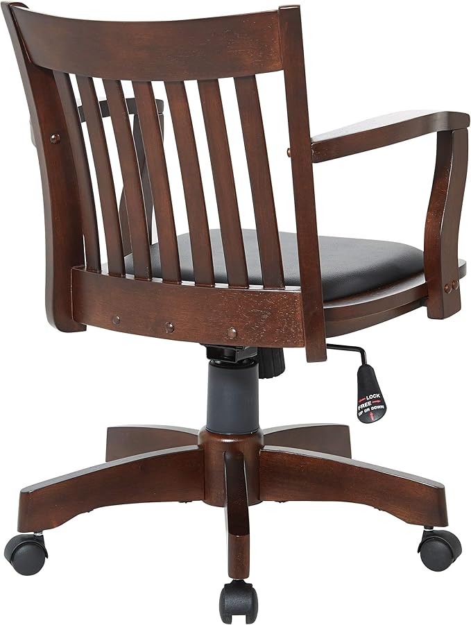 OSP Home Furnishings Deluxe Wood Banker's Desk Chair with Padded Seat, Adjustable Height and Locking Tilt, Espresso Finish and Black Vinyl