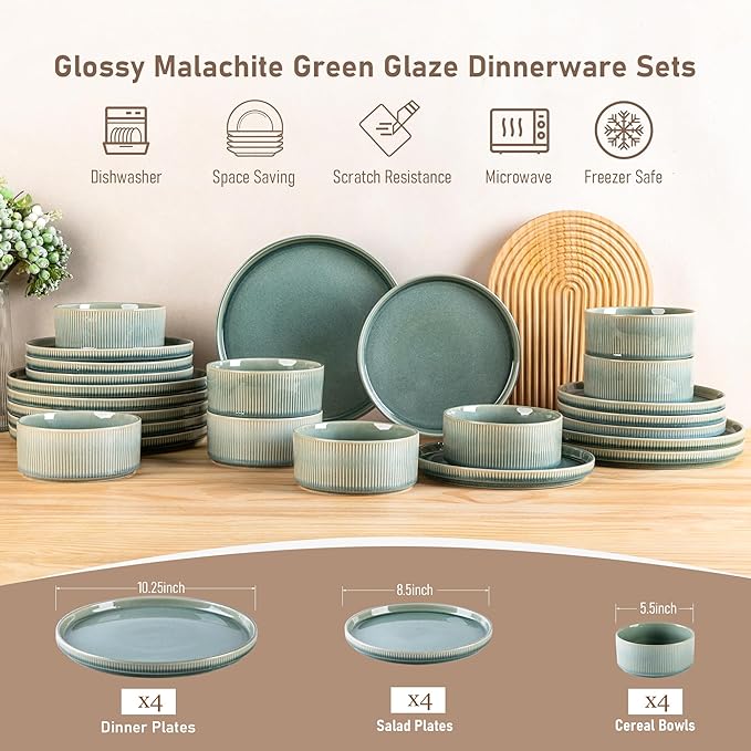 GBHOME Stoneware Dinnerware Sets for 4,Round Reactive Glaze Ceramic Plates and Bowls Set,Highly Scratch Resistant | Dishwasher & Microwave Safe Dishes Set,Service for 4(12Pcs),Malachite Green