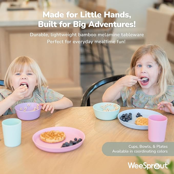 WeeSprout Bamboo Plates with Silicone Lids, Set of 4, Kid-Sized Dinnerware, Cereal, Leftovers & Snacks, Dishwasher Safe Melamine Dishware (Pink, Green, Gray, and Beige)