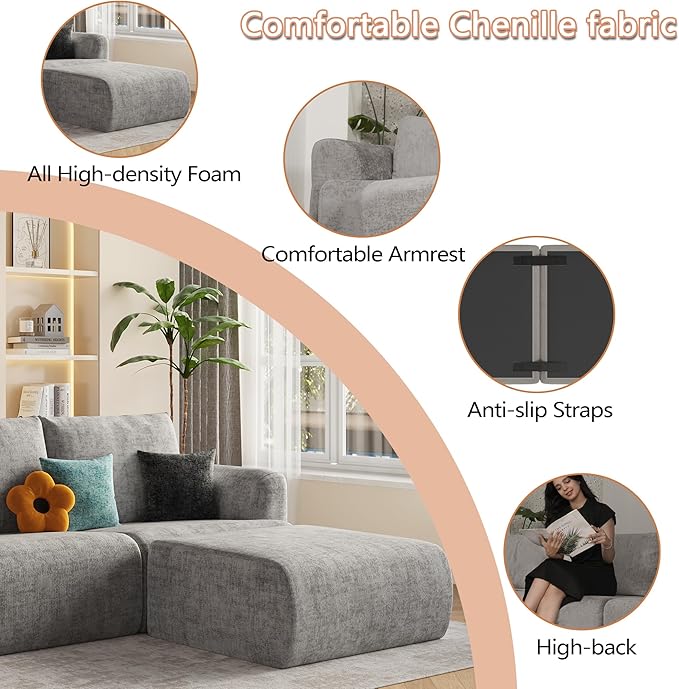 EASE MOOSE Boneless Modular Cloud Couch, Oversized U-Shaped Sectional Sofa for Living Room with Ottoman, Extra Large Movable Couches, 6-Deep-Seat Sofas for Bedroom, Apartment, Chenille (Light Grey)
