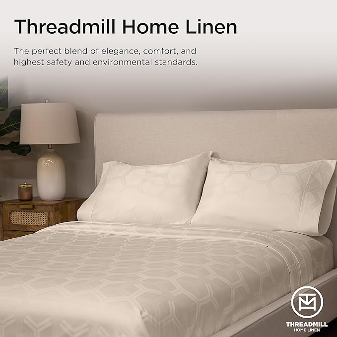 Threadmill 100% Cotton Sheets for Full Size Bed - 600 Thread Count Full Bed Sheets Set with 16” Deep Pocket - Jacquard Sateen Weave 4-Piece Bedding Set with Cooling Effect, Beige