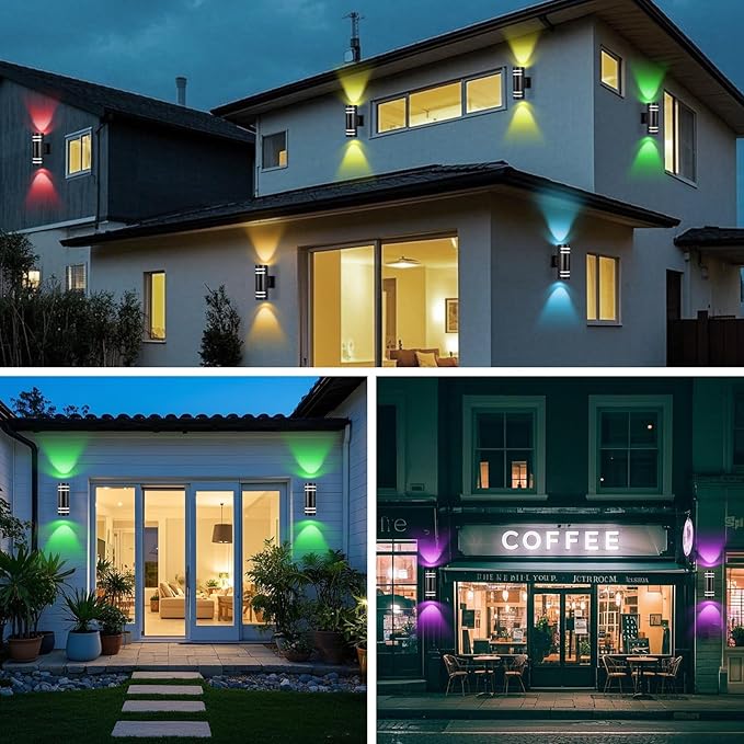 RGB Up and Down Lights Outdoor Wall Lights 4 Packs, Smart Color Changing Outdoor Wall Sconce WiFi Voice & App Control,Aluminum Waterproof Exterior Lights for Porch Compatible with Alexa