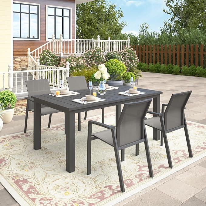 Wisteria Lane 5 Piece Aluminum Outdoor Patio Dining Sets with Fully Assembled Dining Chair,91.3" L×39.4" W Expandable Patio Table and Chairs Set for 4, Stackable Chairs with Quick Drying Fabric, Grey