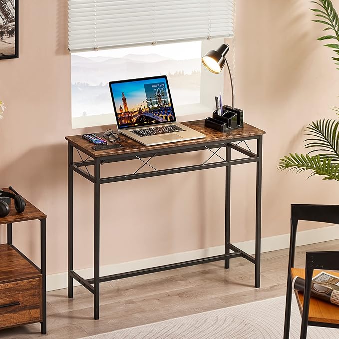 VECELO 39.4In Narrow Sofa/Console Table with Charging Station & Power Outlet and USB Ports, for Entryway, Living Room, Office, Industrial, Metal Frame, 2 Pack, Rustic Brown