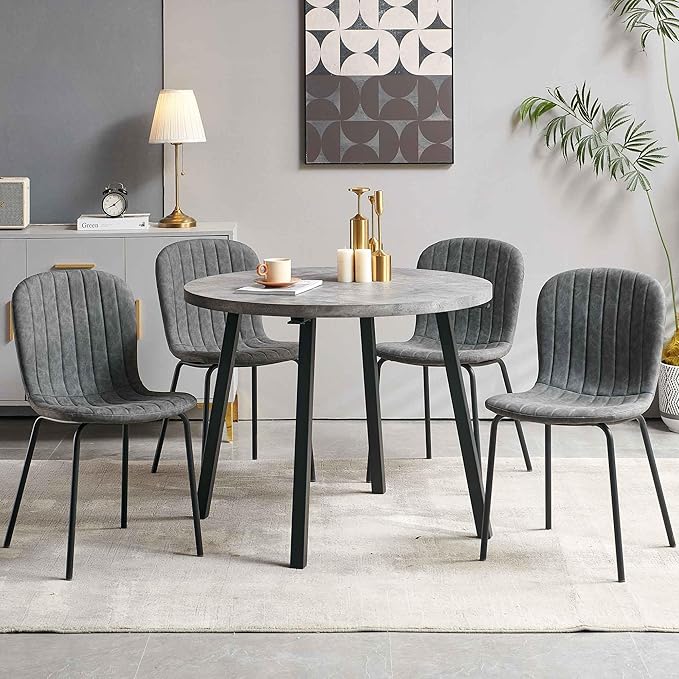 5-Piece Round Table Set for 4, 37.4" Grey Round Table with Hooks, Solid MDF Tabletop, Industrial Kitchen Table with Dark Grey PU Dining Chairs for Living Room, Dining Room