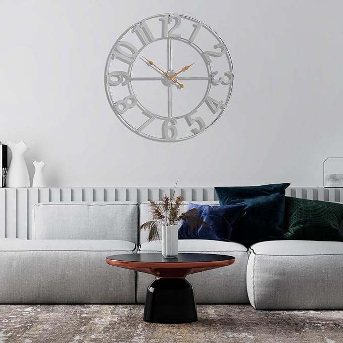 Sorbus 32-Inch Large Wall Clock – Decorative Silver Metal Clock with Gold Hands – Silent, Battery Operated, Modern Wall Decor for Living Room, Kitchen, or Office, Great Gift for Housewarming or Office